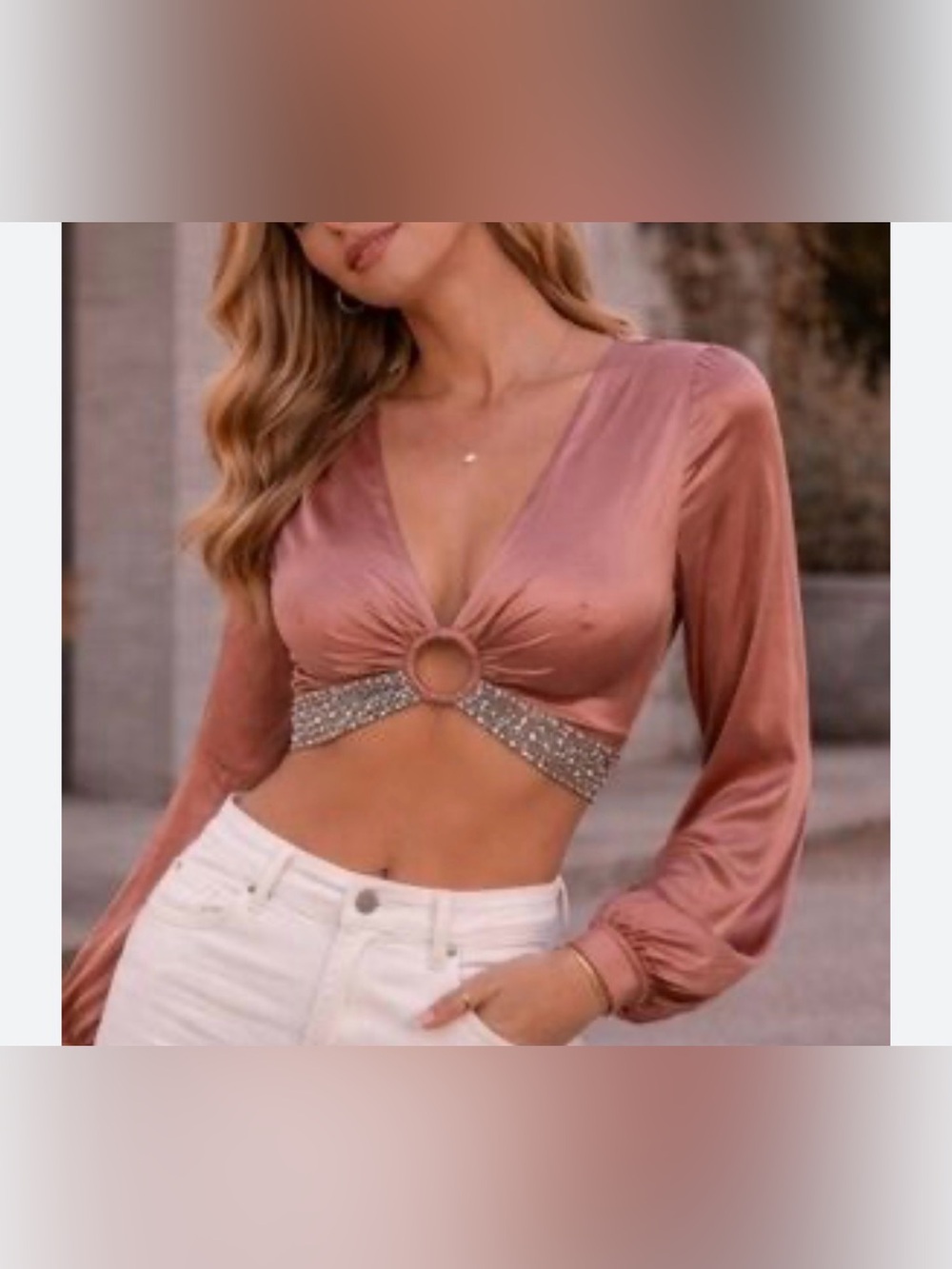 NWT Milk & Honey Rose Blush Satin Ring-Front Long Sleeve Crop Top with Beading S